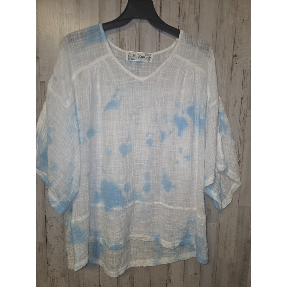 M. Rena size OS Sheer Gauze Tie-Dye Top Shirt Tunic 3/4 sleeve White/ Blue USA